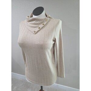 Rafaella Beige Ribbed Long-Sleeve Sweater With Button Accent Cowl Neckline Women
